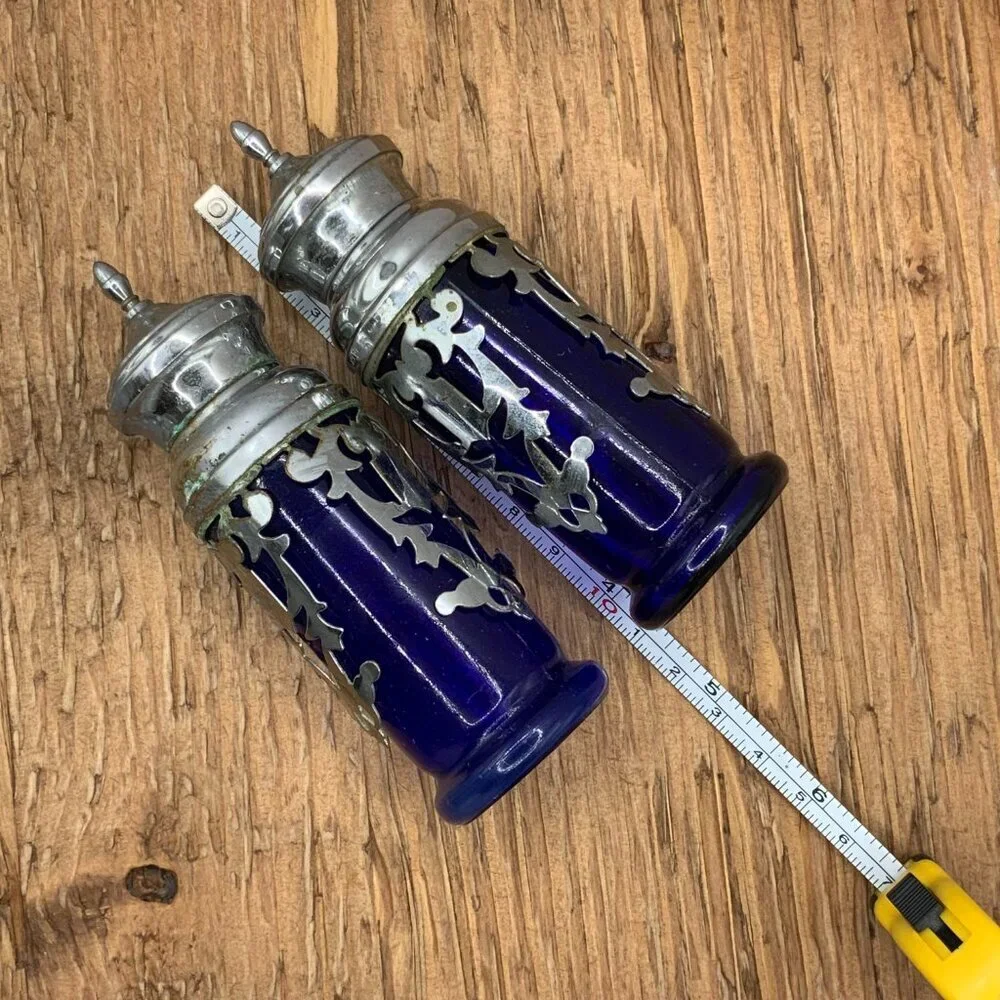 Coblat Blue Glass Vintage Japan Silver Plated Salt and Pepper Shakers